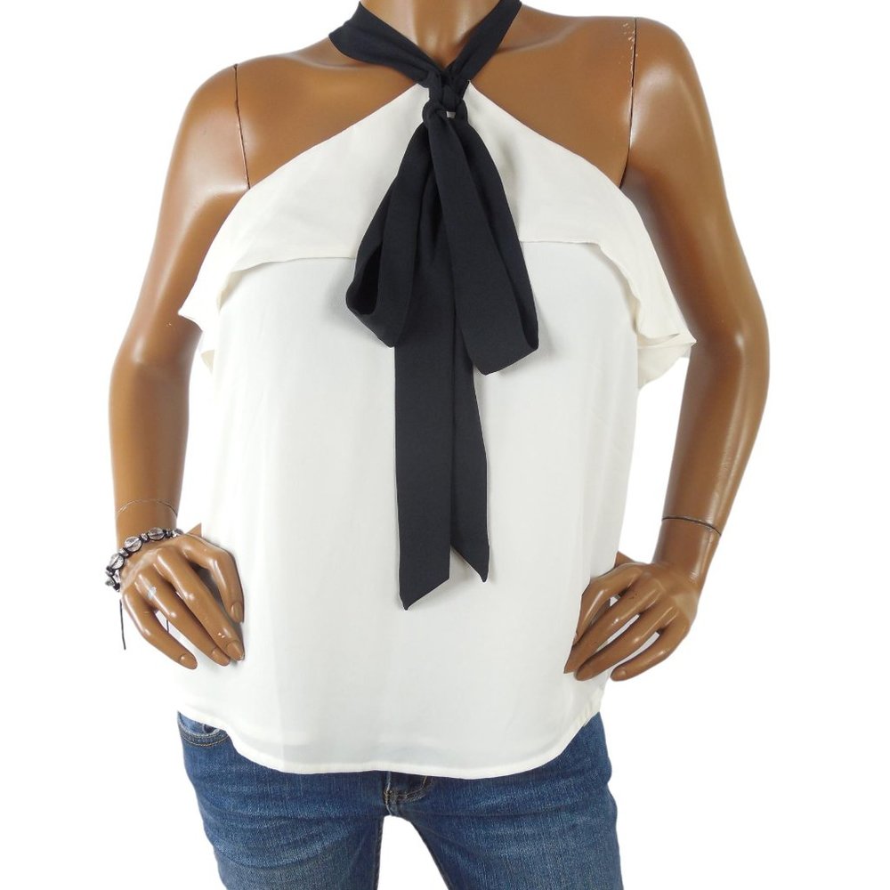 ANN TAYLOR LOFT Top XS Ivory Halter Blouse Black Tie Sleeveless Ruffle Trim - Picture 2 of 9